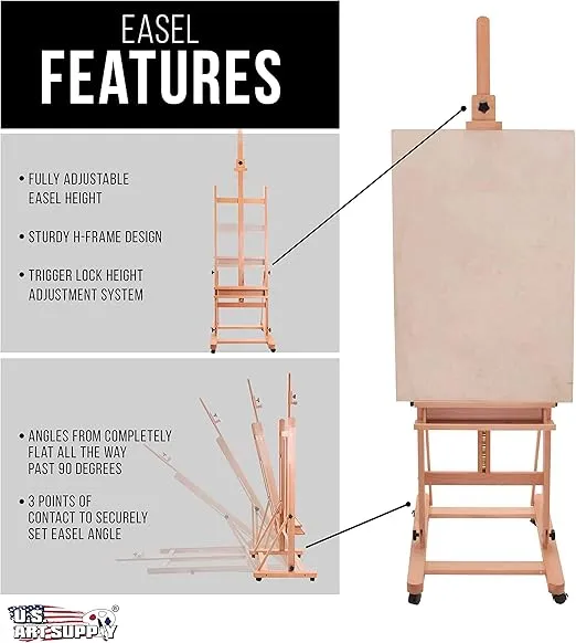 U.S. Art Supply Medium Wooden H-Frame Studio Easel with Artist Storage Tray and Wheels - Mast Adjustable to 96" High, Holds Canvas to 48" - Sturdy Beechwood Holder Floor Stand - Display Paintings