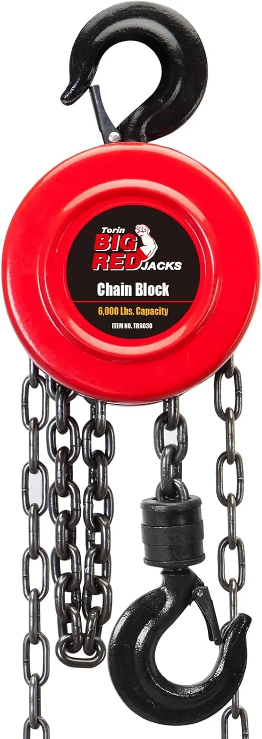 BIG RED TR9030 Torin Manual Hand Lift Steel Chain Block Hoist with 2 Hooks, 3 Ton (6,000 lb) Capacity, Red
