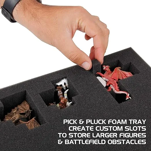 ENHANCE Portable Miniature Figure Storage & Carrying Case - 4 Foam Layers fits 108 Infantry Minis & Pick & Pluck for Large Figures - Book Sleeve & 2 Accessory Pockets for Measuring Tape, Dice & More