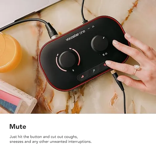 Focusrite Vocaster One — Podcasting Interface for Recording as a Solo Creator. Use Auto Gain, Enhance, and Mute for Easy Podcasting. Small, Lightweight, and Powered by Computer