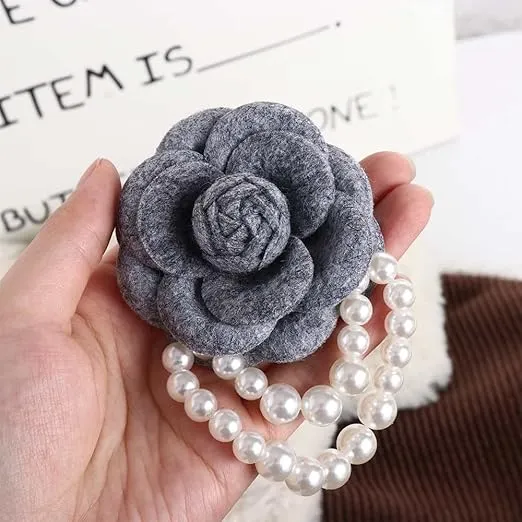 Korean Fabric Camellia Flower Brooch Pins, Costume Fabric Handmade Brooch Pearl Pins, Pearl Tassel Corsage Fashion Jewelry Brooches(red)