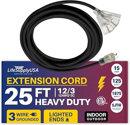 25ft Power Outdoor Extension Cord & Indoor - Waterproof Electric Drop Cord Cable - 3 Prong, 3-Outlet, SJTW, 12 Gauge, 15 AMP, 125 Volts, 1875 Watts, 12/3 ETL Listed by LifeSupplyUSA - Black (1 Pack)