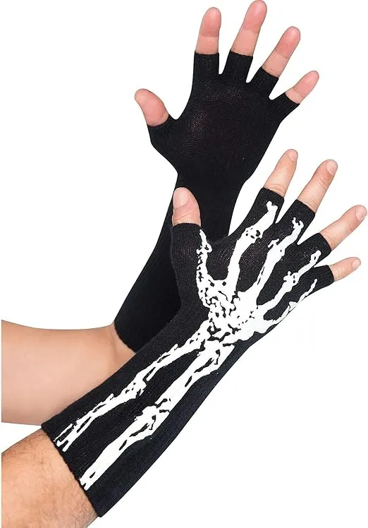 Black Skeleton Glow-In-The-Dark Fingerless Polyester Gloves - Perfect for Parties & Outdoors