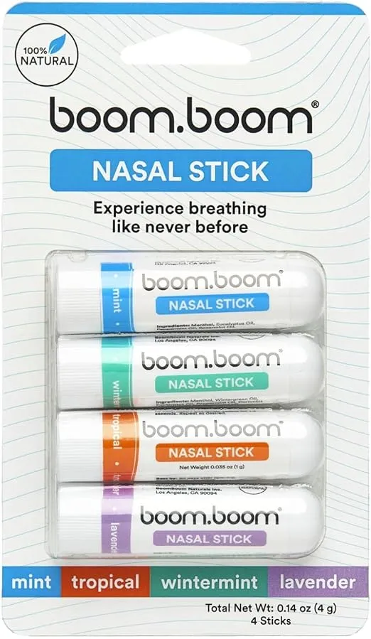 BoomBoom Nasal Stick (4 Pack) | Boosts Focus + Enhances Breathing | Provides Fresh Cooling Sensation | Aromatherapy Inhaler Made with Essential Oils + Menthol (Mint, Wintermint, Tropical, Lavender)