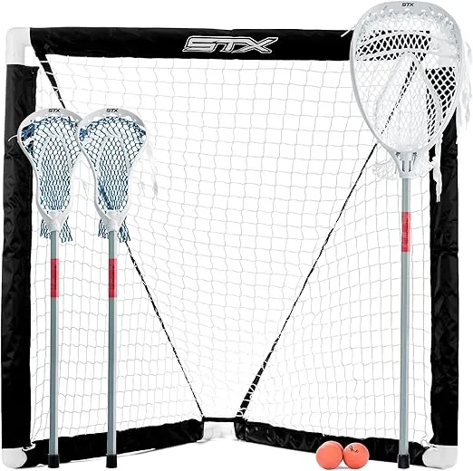 STX FiddleSTX Three Player Game Set with Two Field Player Sticks One Goalie Stick Mini Goal and Balls , White/Grey