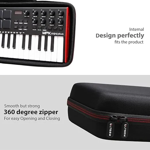 LTGEM Hard Travel Case for Akai Professional MPK Mini Plus USB MIDI Keyboard Controller with 37 Mini Keys - Protective Carrying Storage Bag (Black+Black)