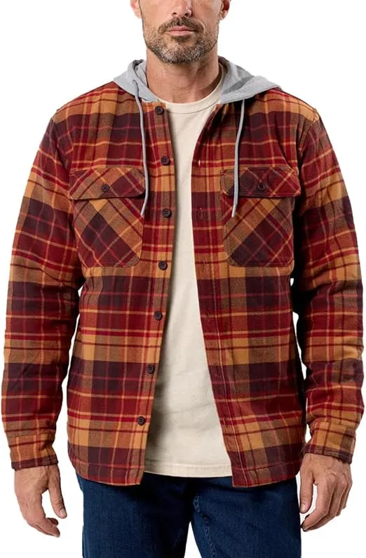 INTO THE AM Ridgeview Flannel Jacket for Men S-4XL Plaid Hooded Quilt Lining Insulated Shirt Jacket Coat