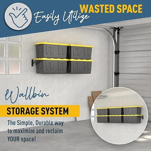 Koova Wall Mounted Tote Rack Storage System, Fits 27-Gallon Black and Yellow Commander Style Bins, Wall Mount Bracket Shelves for Garage Organization, Heavy Duty Steel, Made in USA (2-Piece Set)