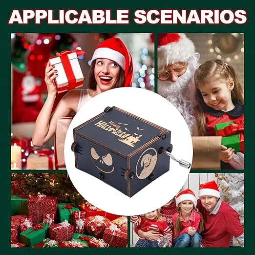 Ddjbdb Happy Halloween Nightmare Christmas Wooden Music Box Engraved Hand Crank Musical Box Gifts for Valentine's Day Christmas Birthday Thanksgiving Days Black