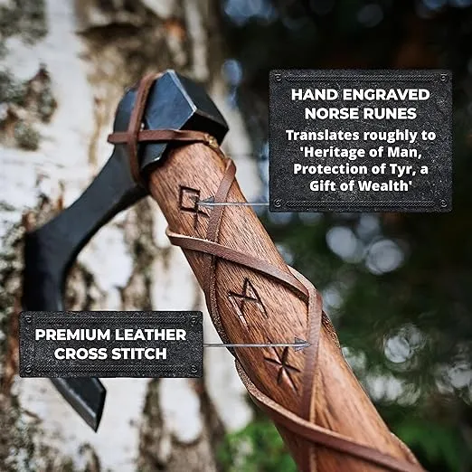 Two-Handed Viking Axe with 1095 Carbon Steel Axe Head - Includes Forged Iron Wall Mount Hooks (2) - Teakwood Shaft with Hand-Engraved Norse Runes | The Skeggøx
