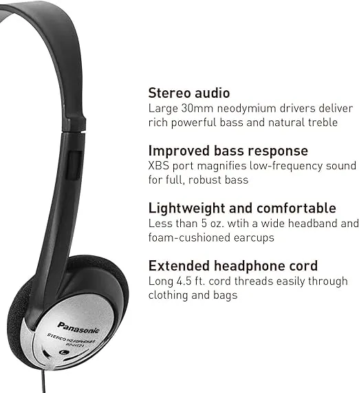Panasonic Headphones On-Ear Lightweight with XBS RP-HT21 (Black & Silver)
