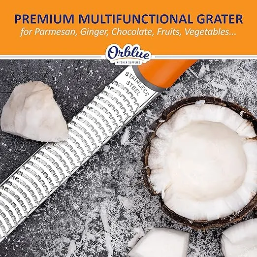 Orblue Lemon Zester & Cheese Grater - Premium Citrus Zester, Kitchen Grater for Parmesan, Chocolate, Fruits, Vegetables, Ginger, Garlic, Nutmeg - Stainless Steel Blades with Protective Cover, Orange