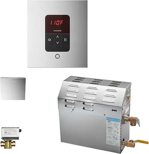Mr.Steam eSeries MS225EC1 7.5kW Steam Bath Generator at 240V with iTempo Square Control Polished Chrome with matching AromaSteam SteamHead, and AutoFlush (max 161 cubic feet)