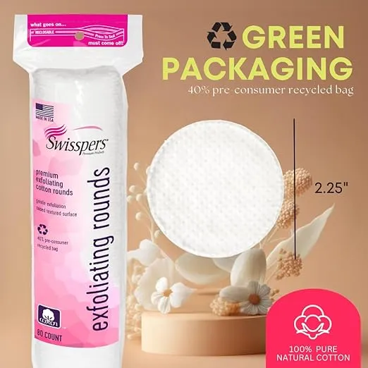 Swisspers Premium Exfoliating Rounds, 2 Distinct Raised Textured Surface, Cotton Facial Pads, 80 Count Re-closable Bag