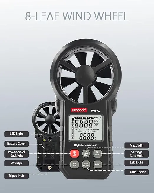 Wintact Handheld Anemometer, Digital Vane Wind Speed Meter Gauge, Air Flow Velocity Tester with Measuring Wind Temperature 14℉ to 113℉ for House HVAC Duct Outdoor Kite Boat Sailing Surfing