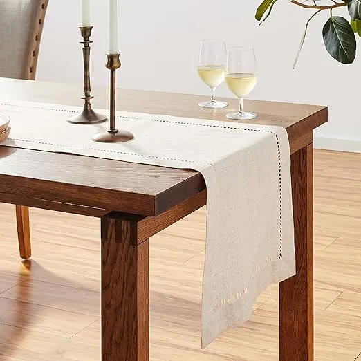 SARO LIFESTYLE Poly and Linen Blend Hemstitched Table Runner with Hemstitch Border, Natural, 16"x120"