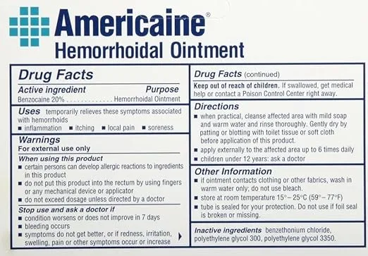 Americaine Hemorrhoidal Ointment Maximum Strength 20% Benzocaine 1 oz ( Pack of 2)