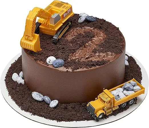 DecoPac Construction Dig Cake Decoration, 2 Piece Cake Topper Set with Dump Truck and Moveable Excavator, Food Safe, Ready to Use For Birthday, Themed Parties, Celebration, Yellow, (11826)