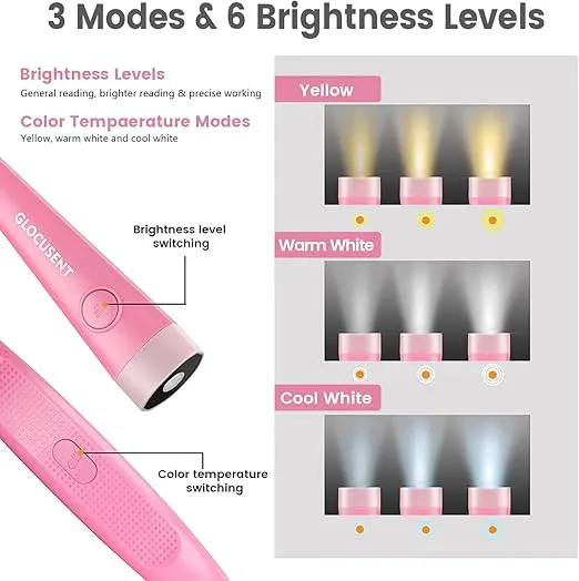 Glocusent Book Light, 3-Color & 6-Brightness Reading Light, Bendable Neck Light, 80-hr Lasting Rechargeable Lamp, Perfect Book Light for Reading in Bed, Knitting, Camping, Repairing, Book Lovers Gifts