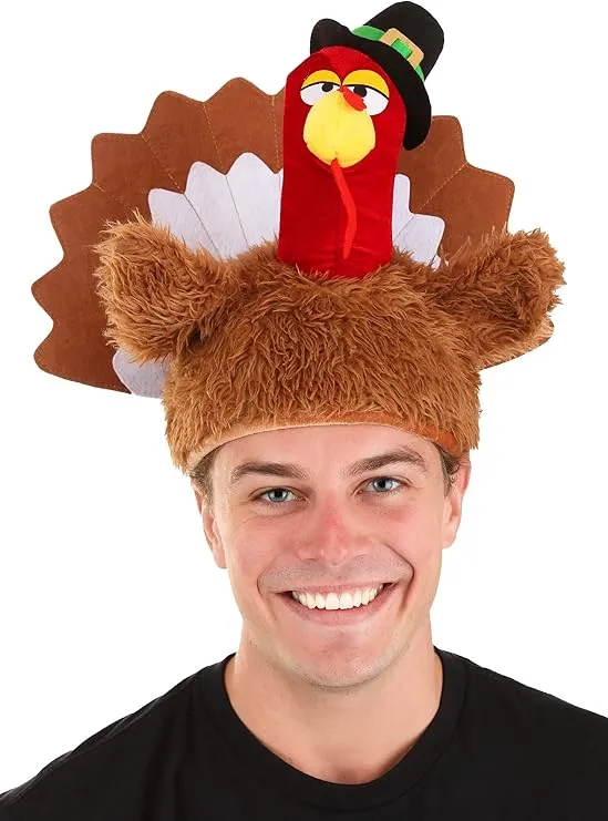 Turkey Gobbler Plush Costume Hat for Adults - Wearable Hat with Secret Pocket and Size Adjuster