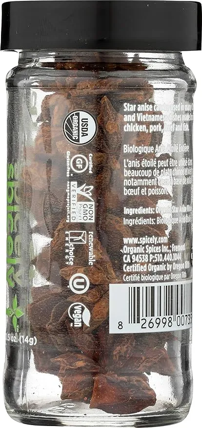 Spicely Organic Anise Star Whole 0.50 Ounce Jar Certified Gluten Free