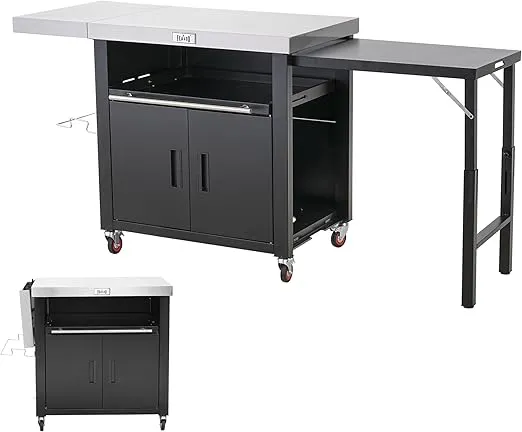 Grill Table,Outdoor Kitchen with Cabinet Outdoor Grill Table with 2 Foldable Side Tables Stainless Steel Top for Outdoor Kitchen Cabinets, Bar Cart, Movable Grill Cart with Pull-Out Plate, L74”x W24”