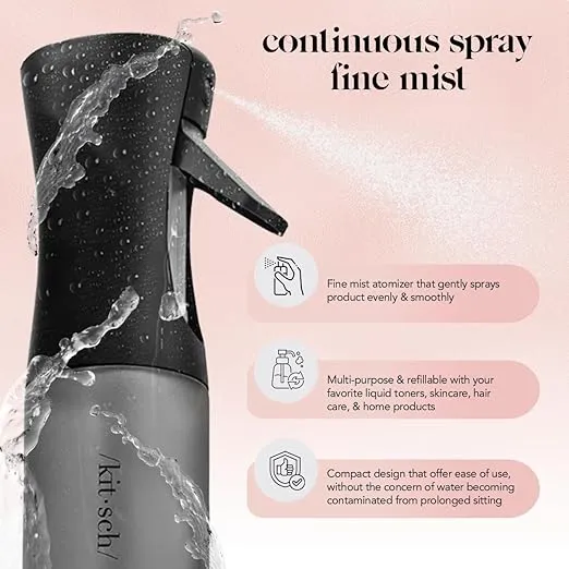 Kitsch Spray Bottle for Hair - Continuous Water Mister with Ultra Fine Mist for Hairstyling, Barbers, Salons, Cleaning, Plants, Versatile Spray Bottles - Made from Recycled Plastic - Black, 5 oz