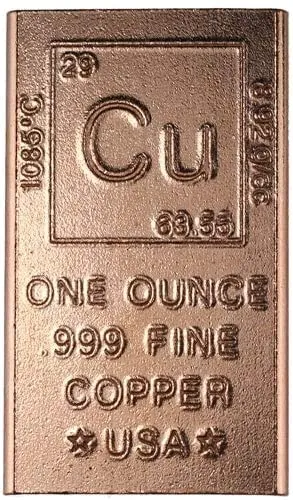 1 oz Copper bar - 999 Pure Chemistry Element Design with Certificate of Authenticity by Unique Metals