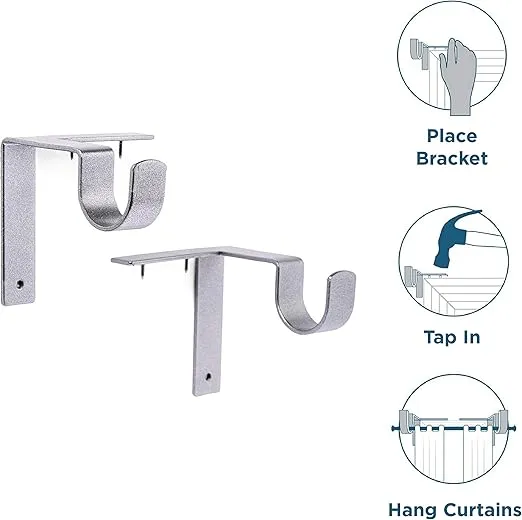 Kwik-Hang Single Curtain Rod Brackets – No Drill, No Damage – Perfect Curtains Every Time – 1” Silver
