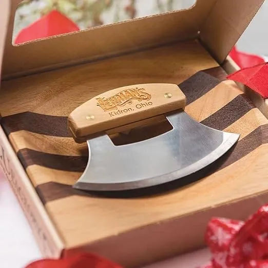 Lehman's ULU Knife and Chopping Bowl, Curved Stainless Steel Rocker Knife Chops and Minces Salad, Vegetables and Herbs, Comes with Hardwood Chopping Bowl Cutting Board