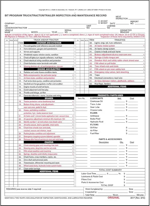 J. J. Keller & Associates, Inc. BIT Program Tractor/Trailer/Truck Inspection & Maintenance Record Form 25-pk. - Snap-Out, 3-Ply, Carbon, 8.5inches x 11.75inches - Comply with California Biennial Inspection of Terminals Program - J. J. Keller