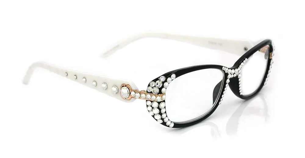 Glamour Quilted, Bling Reading Glasses Women with Clear Genuine European Crystals Black and White. NY Fifth Avenue.