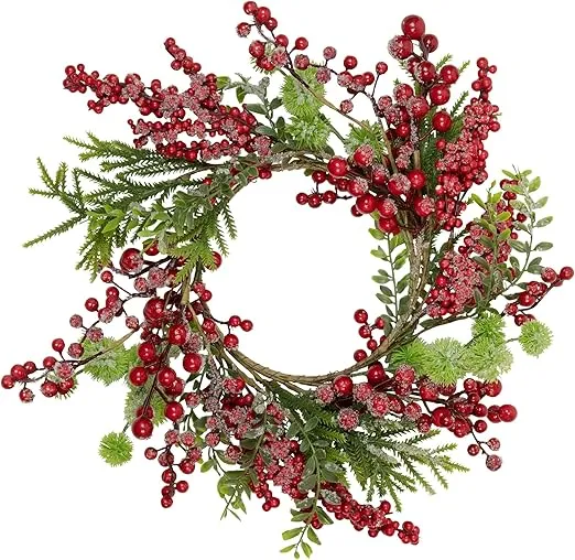 Artificial Frosted Red Berry and Pine Christmas Wreath 16-Inch Unlit