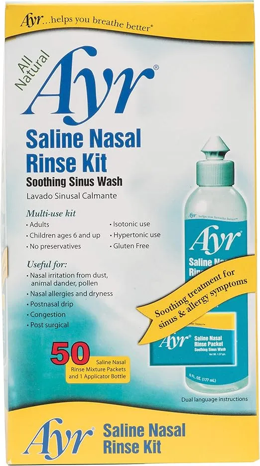 Ayr Saline Nasal Rinse Kit Soothing Sinus Wash, 50 Count Saline Nasal Rinse Mixture Packets Plus Applicator Bottle