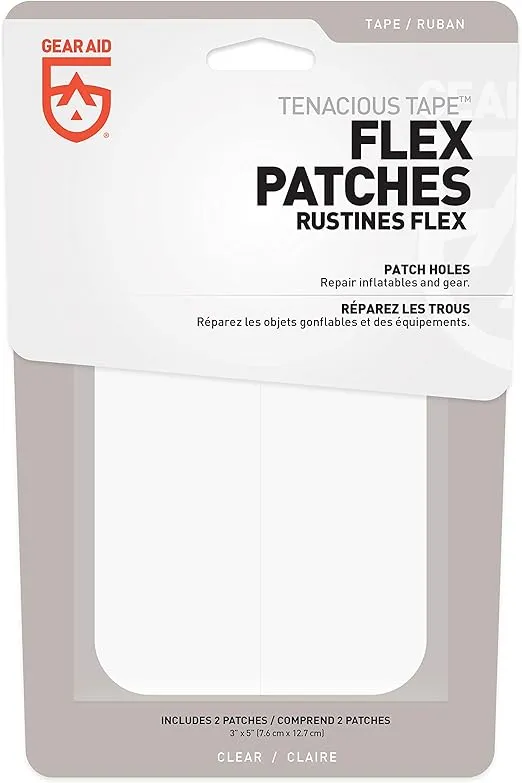 GEAR AID Tenacious Tape Flex Heavy Duty Patches for Fixing Holes and Rips in Outdoor Fabrics, Vinyl, Pool and Snow PVC Inflatables, Peel-and-Stick, Clear, Two 3" x 5" Patches