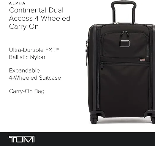 TUMI - Alpha Continental Dual Access 4-Wheeled Carry-On Luggage - Rolling Suitcase for Men and Women - Luggage Carry-On with 4 Spinner Wheels - Rolling Luggage with Security Zippers - Black
