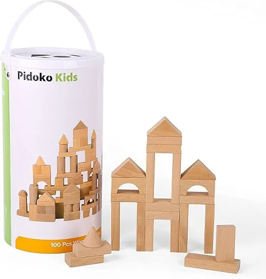 Pidoko Kids Wooden Blocks - 100 Pcs - Building Blocks for Toddlers - Includes Storage Container with Shape Sorter Lid - Natural Beech Wood Blocks - Preschool Learning Toys Stacking Block