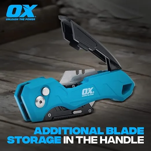 OX Tools Pro Heavy Duty Fixed Blade Folding Knife w/Easy Change Blade Button - Quick Fold Action Strong Construction with 3 Replacement Blades