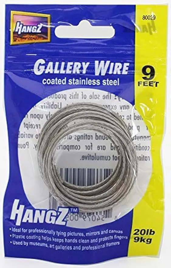 20lb 9ft Gallery Picture Wire 2mm, Thick Coated Stainless, Great for Hanging Pictures, Mirrors, Canvas, Plastic Coating Protects Your Fingers. Color Bag