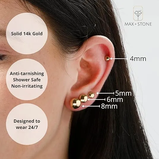 14k Gold Stud Earrings for Women | Yellow Gold Ball Earrings | 14k Gold Earrings for Women & Men | Button Gold Ball Stud Earrings | 4MM-8MM Real Gold Post Hypoallergenic Earrings by MAX + STONE