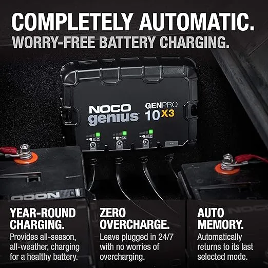 NOCO Genius GENPRO10X3, 3-Bank, 30A (10A/Bank) Smart Marine Battery Charger, 12V Waterproof Onboard Boat Charger, Battery Maintainer and Desulfator for AGM, Lithium (LiFePO4) and Deep-Cycle Batteries