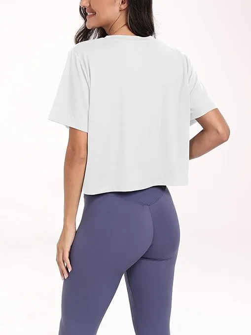 KevaMolly Workout Crop Tops for Women Loose Fit UPF50+ Breathable Yoga T Shirts Running Athletic Cropped Workout Tops