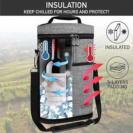 OPUX 2 Bottle Wine Carrier Tote, Insulated Leakproof Wine Cooler Bag, Wine Travel Bag for Picnic BYOB Beach, Portable Wine Bottle Carrying Case, Gift for Wine Lover Women Men Christmas, Heather Grey