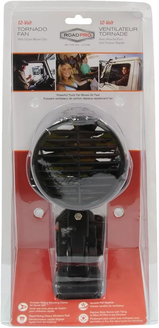 RoadPro RPSC-857 12-Volt Tornado Truck Fan with Mounting Clip, Small 12v Cooling Fan, Black