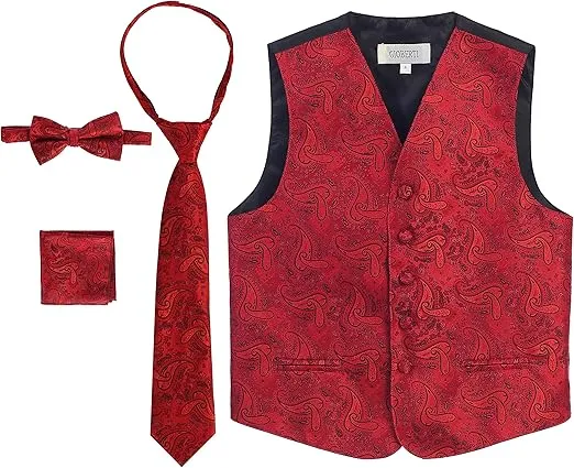 Gioberti Kids and Boys 4pc Paisley Vest Set - Vest, Bowtie, Tie, Pocket Square