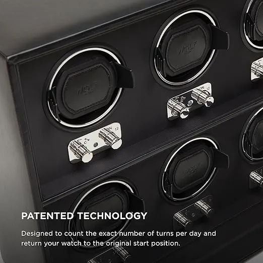 WOLF Heritage 6-Piece Winder with Glass Cover, Black - Secure Fit with Patented Lock-In Dynamic Cuff - For Bigger, Heavier Watches - Faux Leather - Includes Universal Adapter