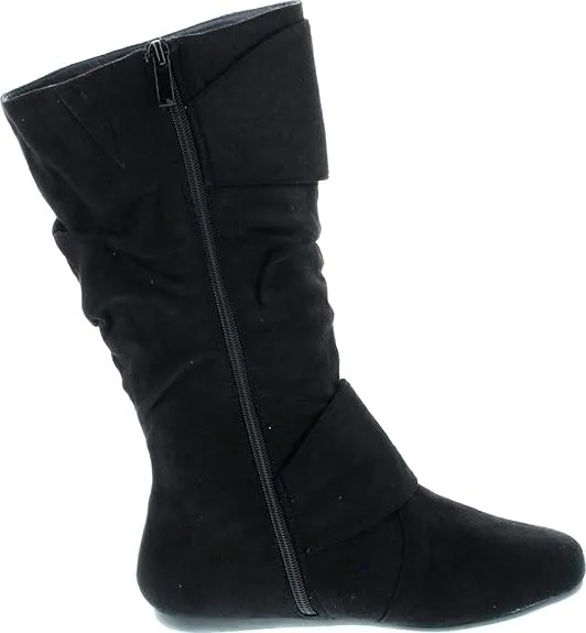 Forever Link Women's Klein-70 Closed Round Toe Buckle Slouch Flat Heel Mid-Calf Boot