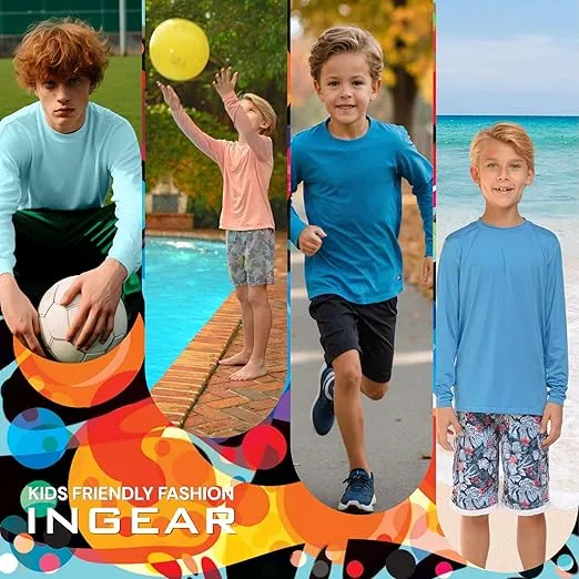 INGEAR Boys' Rash Guard with UPF 50+ Sun Protection, Quick-Dry Swim Shirts for Boys, Lightweight and Dry Fit Sizes XS-XL