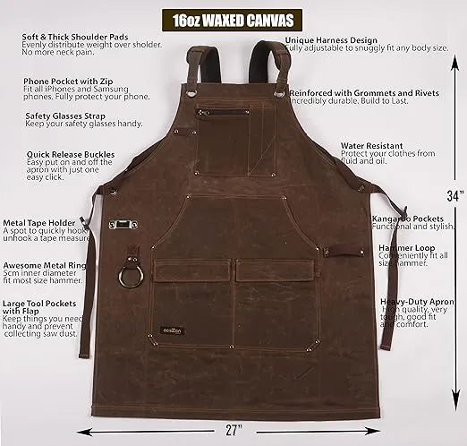 16oz Waxed Canvas Work Apron with Tape Holder - Fully Adjustable, Tough Protection for Men