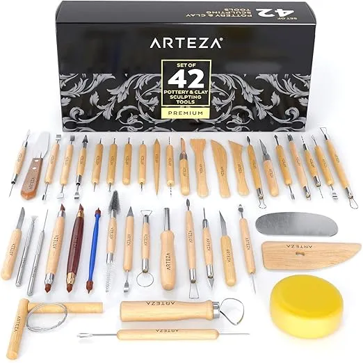 ARTEZA Pottery & Polymer Clay Tools, 42-Piece Sculpting Set, Steel Tip Pottery Tools with Wooden Handles, Craft Kit for Pottery Modeling, Carving